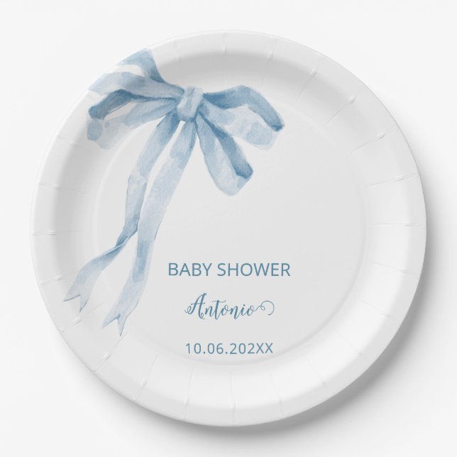  Watercolor  Blue Bow Boy baby shower Paper Plate (Front)