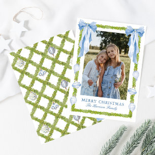 Watercolor Blue Bow Garland Christmas Photo Holiday Card