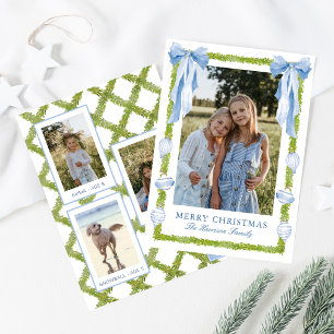 Watercolor Blue Bow Garland Christmas Photo Holiday Card