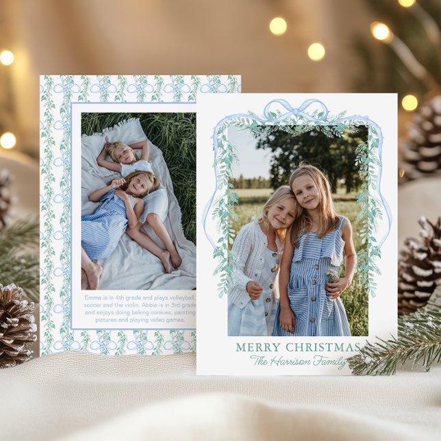 Watercolor Blue Bow Garland Christmas Photo Holiday Card (Creator Uploaded)
