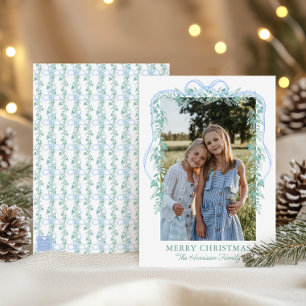 Watercolor Blue Bow Garland Christmas Photo Holiday Card