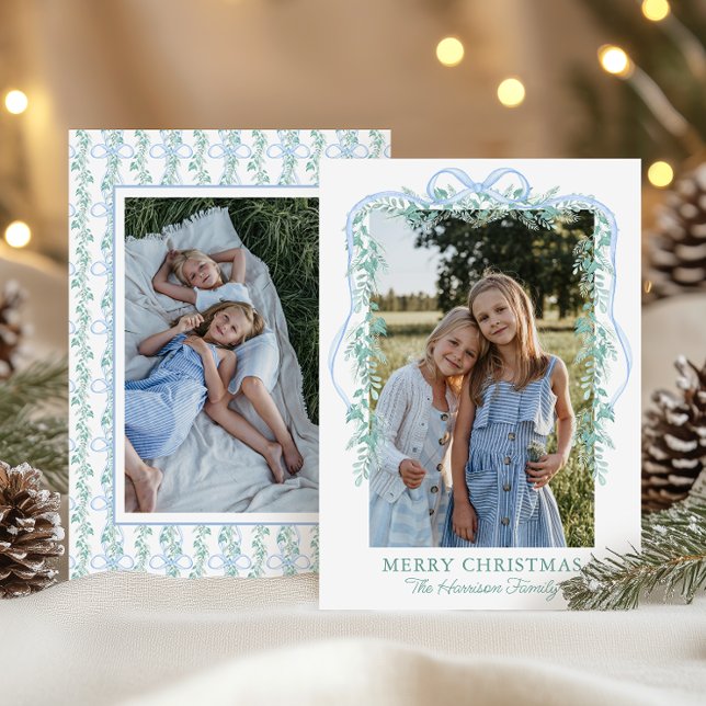 Watercolor Blue Bow Garland Christmas Photo Holiday Card (Creator Uploaded)