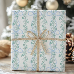 Watercolor Blue Bow Garland Christmas Wrapping Paper