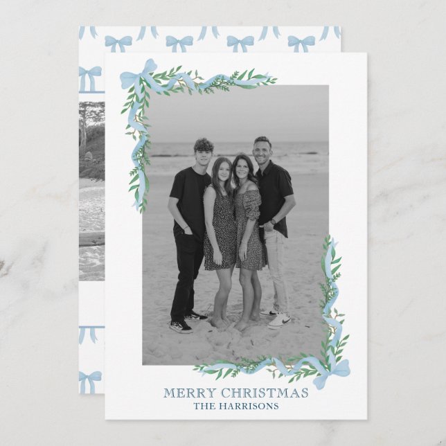 Watercolor Blue Bow Garland Photo Holiday Card (Front/Back)
