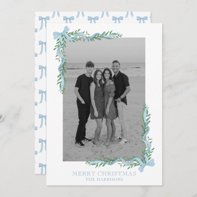 Watercolor Blue Bow Garland Photo Holiday Card (Front/Back)