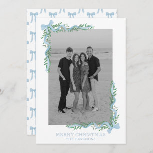 Watercolor Blue Bow Garland Photo Holiday Card