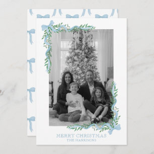 Watercolor Blue Bow Garland Photo Holiday Card