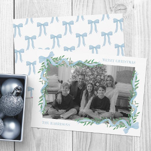 Watercolor Blue Bow Garland Photo Holiday Card