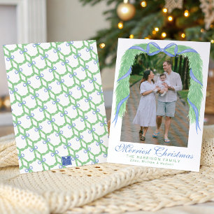 Watercolor Blue Bow Garland Swag Photo Holiday Card