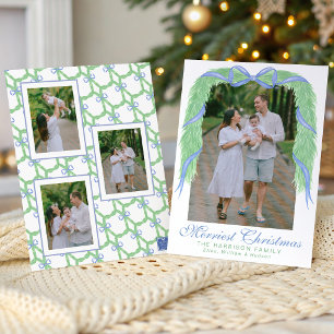 Watercolor Blue Bow Garland Swag Photo Holiday Card