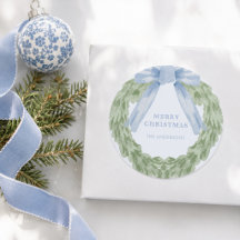 Watercolor Blue Bow Greenery Merry Christmas Round