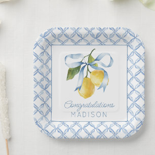 Watercolor Blue Bow Lemons Personalised Paper Plate