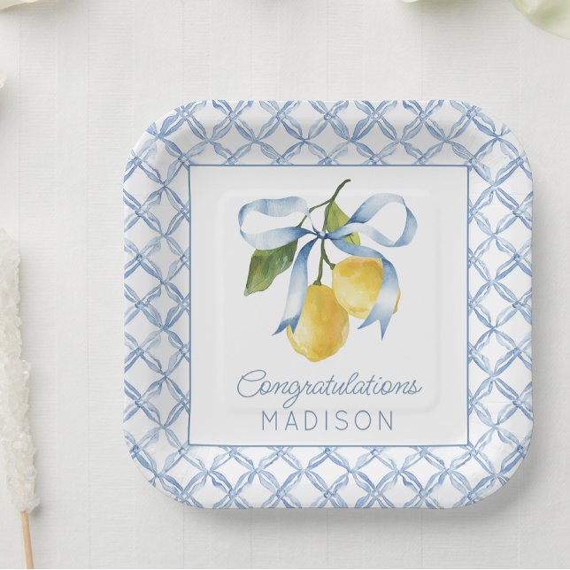 Watercolor Blue Bow Lemons Personalised Paper Plate (Creator Uploaded)