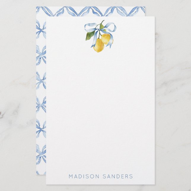 Watercolor Blue Bow Lemons Personalised Stationery (Front/Back)
