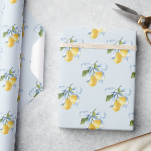 Watercolor Blue Bow Lemons Wrapping Paper