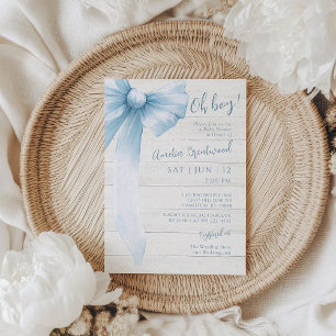 Watercolor Blue Bow Oh Boy! Baby Shower Invitation