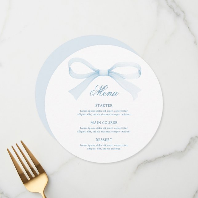 Watercolor Blue Bow Round Menu (Front/Back In Situ)