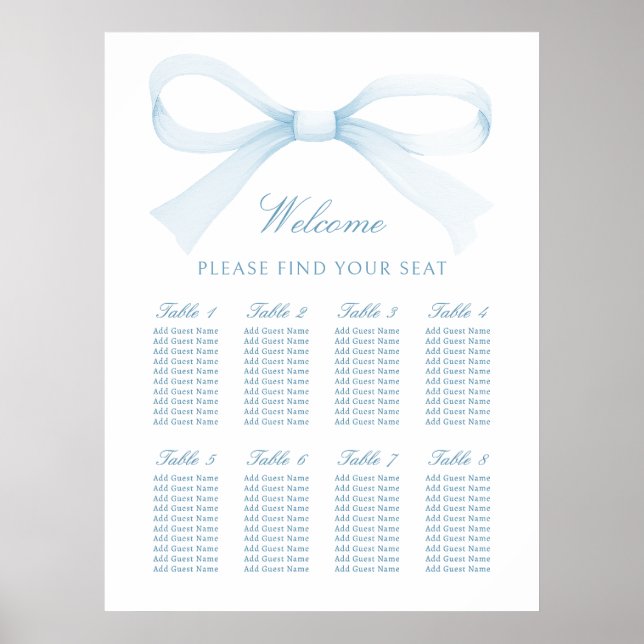 Watercolor Blue Bow Seating Chart (Front)