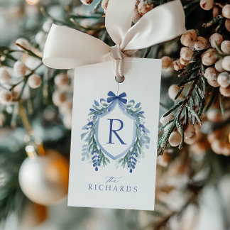 Watercolor Blue Bow Winter Greenery Crest Gift Tag