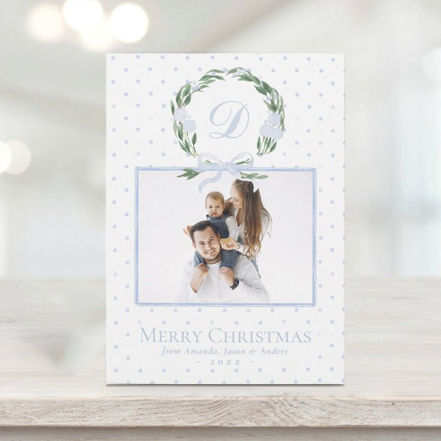 Watercolor Blue Bow Wreath Elegant Photo Christmas Holiday Card (Creator Uploaded)