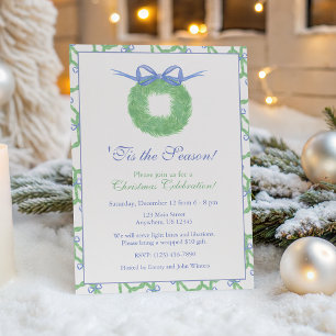 Watercolor Blue Bow Wreath Party Invitation