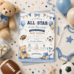 watercolor blue Boy Sports Baby Shower Teddy Bear Invitation