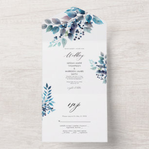 Watercolor Blue Branches and Berries Wedding  All In One Invitation