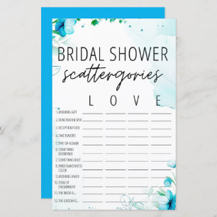 Watercolor Blue Bridal Shower Scattergories Game 