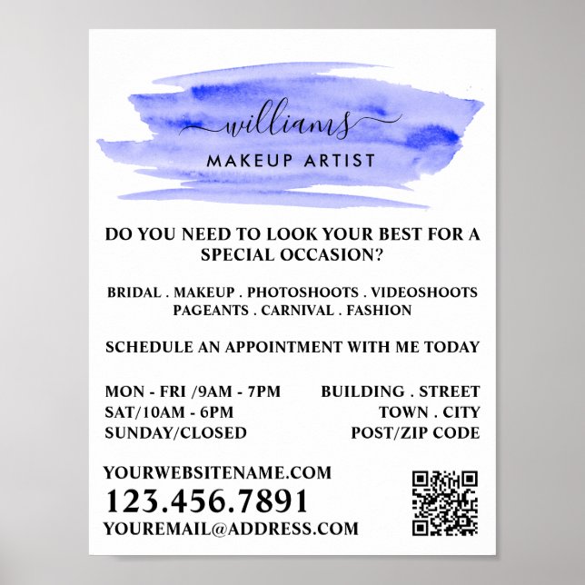 Watercolor Blue Brushstroke Makeup Artist Poster (Front)