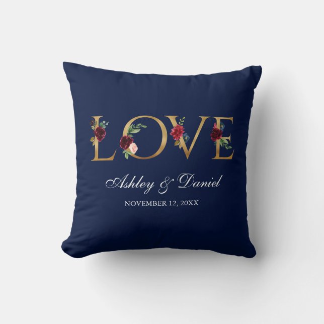 Watercolor Blue Burgundy Floral Gold Love Wedding Cushion (Front)