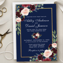 Watercolor Blue Burgundy Floral Gold Wedding