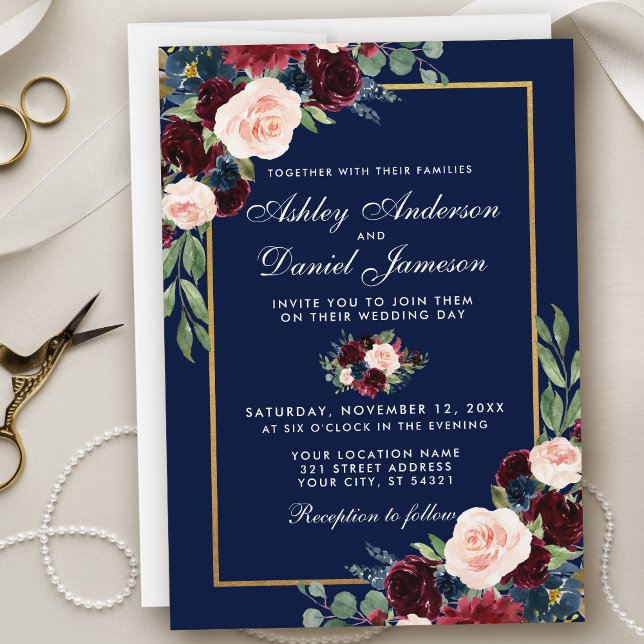 Watercolor Blue Burgundy Floral Gold Wedding Invitation (Customize to change text style, add text & photos to back or change color of back of card.)