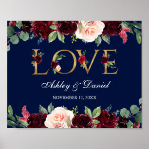Watercolor Blue Burgundy Floral Love Gold Wedding Poster