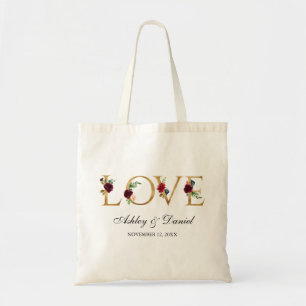 Watercolor Blue Burgundy Floral Love Gold Wedding Tote Bag
