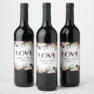 Watercolor Blue Burgundy Floral Love Wedding Wine Label