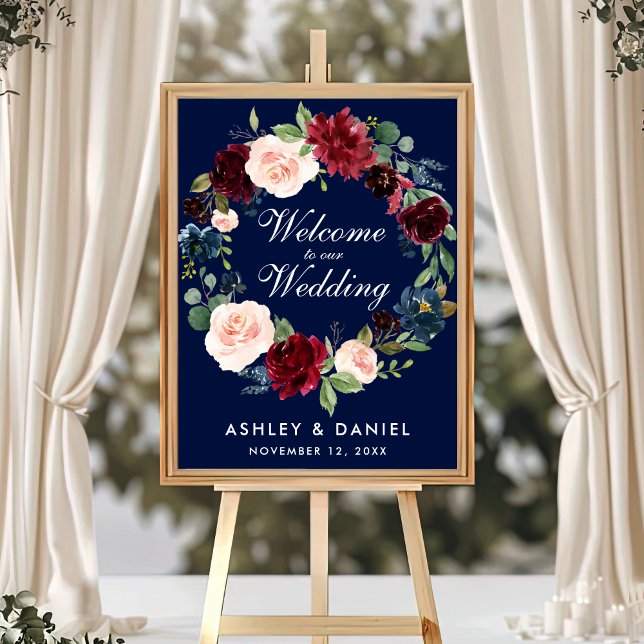 Watercolor Blue Burgundy Floral Wedding Welcome Poster (Customize to change text color, text size, text style or size of poster.)