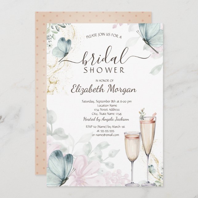Watercolor Blue Butterflies Champagne Glass  Invitation (Front/Back)