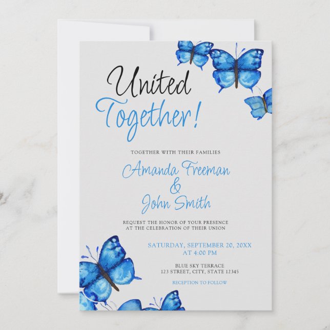 Watercolor Blue Butterflies Elegant Wedding Invitation (Front)
