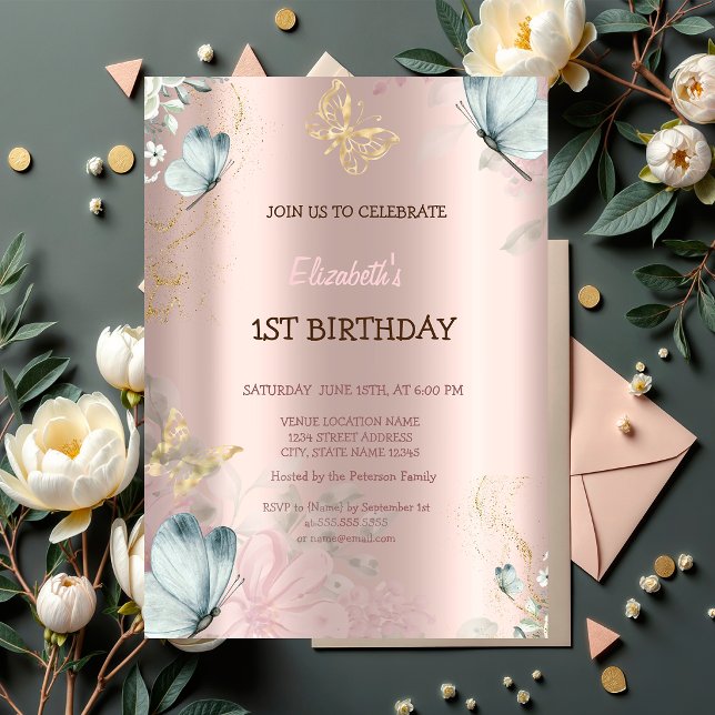 Watercolor Blue Butterflies Rose Gold Birthday  Invitation (Creator Uploaded)