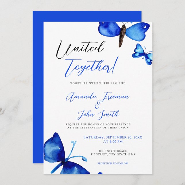 Watercolor Blue Butterflies Vibrant Wedding Invitation (Front/Back)