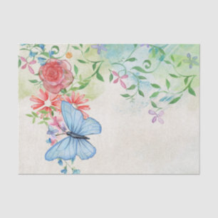 Watercolor Blue Butterfly Amidst Spring Flowers Tissue Paper