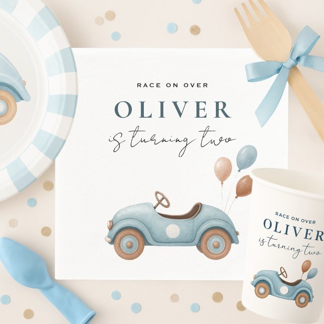 Watercolor Blue Car Birthday | Boys Birthday Napkin (Creator Uploaded)
