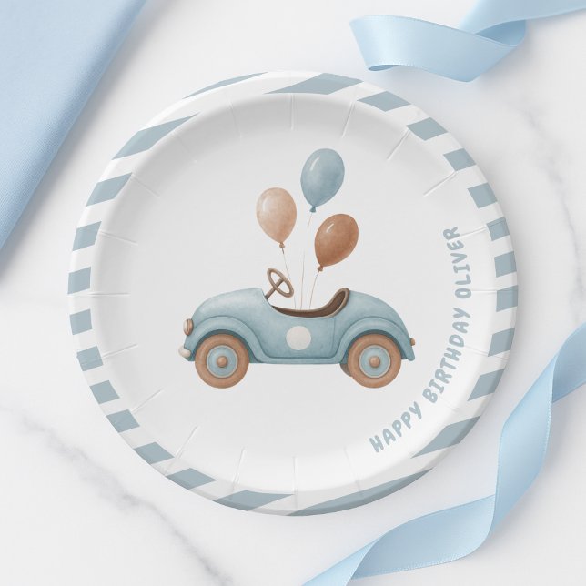 Watercolor Blue Car Birthday  | Custom Boys Party Paper Plate (Creator Uploaded)