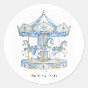 Watercolor Blue Carousel Boy 1st. Birthday Party Classic Round Sticker
