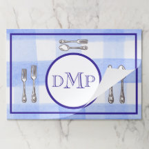 Watercolor Blue Check MONOGRAM Paper Placemat