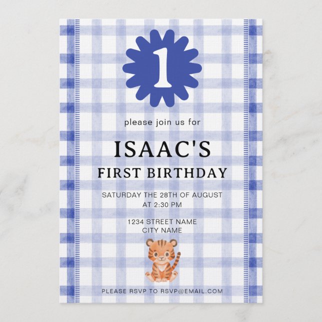 Watercolor Blue Check Tiger Birthday Invitation (Front)