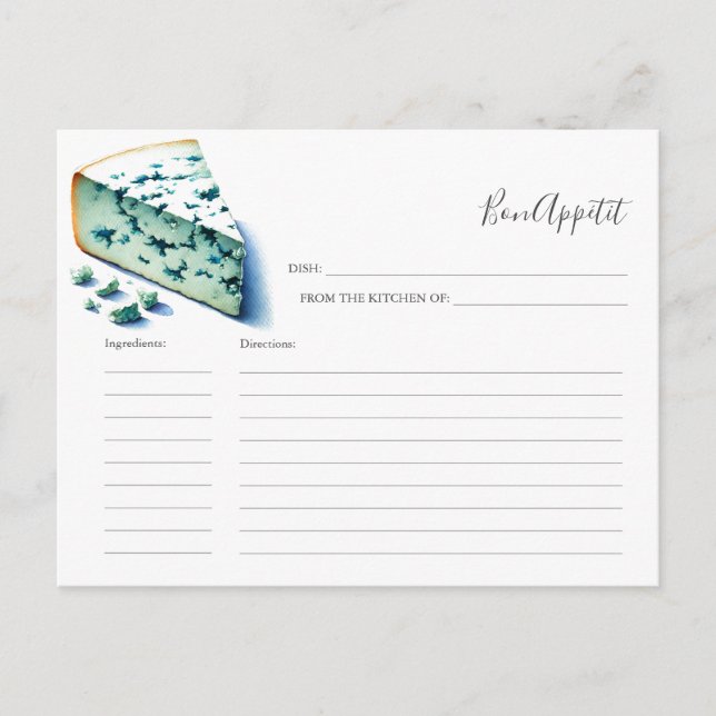 Watercolor Blue Cheese Recipe Card (Front)