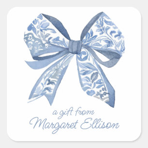 Watercolor Blue Chinoiserie Bow Square Sticker