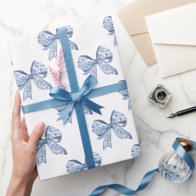 Watercolor Blue Chinoiserie Bows Wrapping Paper (Gifting)