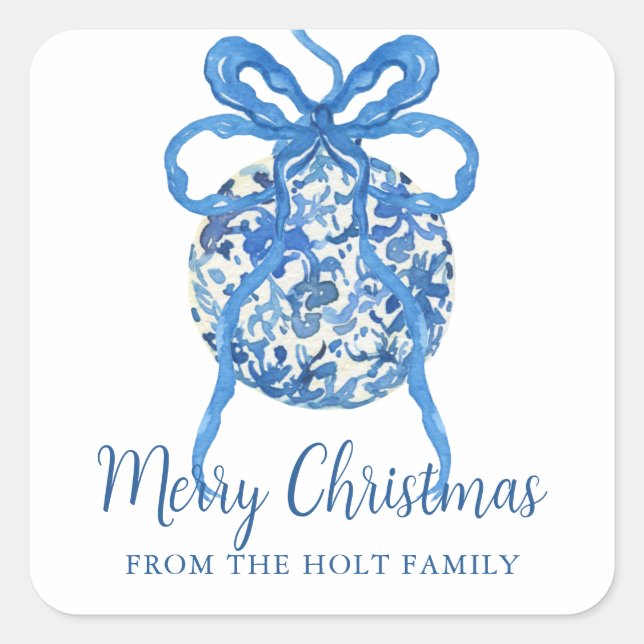 Watercolor Blue Chinoiserie Ornament Christmas Square Sticker (Front)